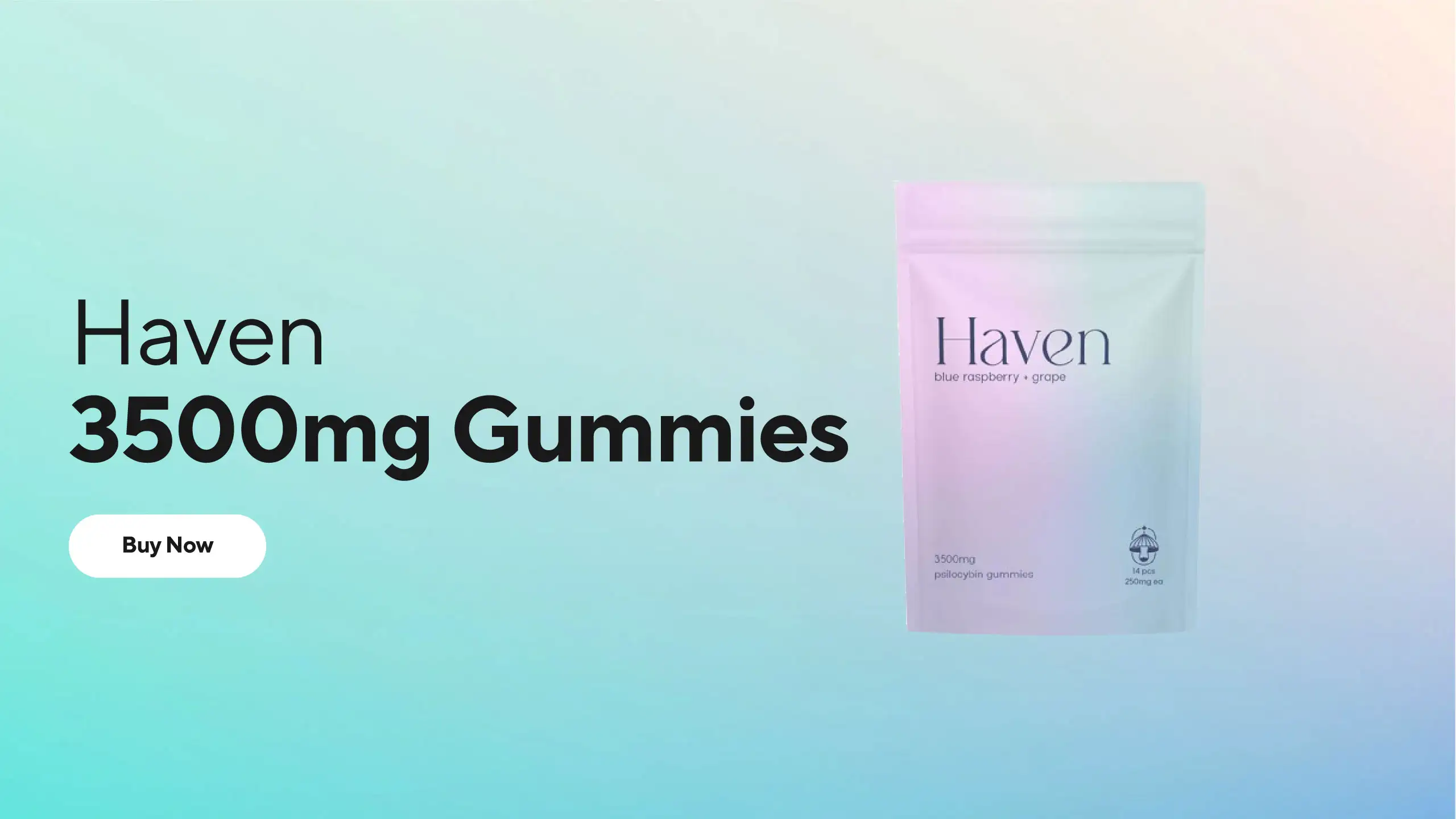 Wavy Shrooms homepage hero banner, Haven 3500mg Gummies bag with "Buy Now" button